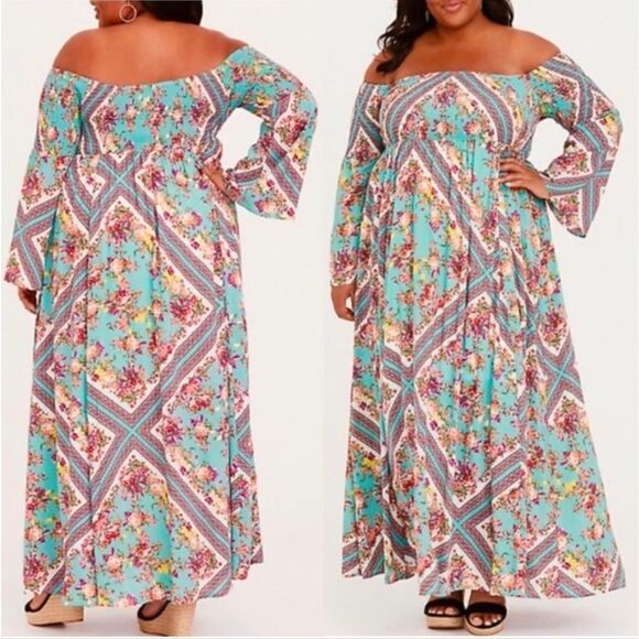 Torrid Off Shouler‎ Women's Turquoise Scarf Print Challis Smocked Maxi Dress 0X - Picture 3 of 12